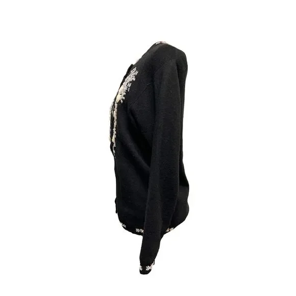 Mid-Century Fidelio Lambswool & Angora Blend, Black Beaded Cardigan